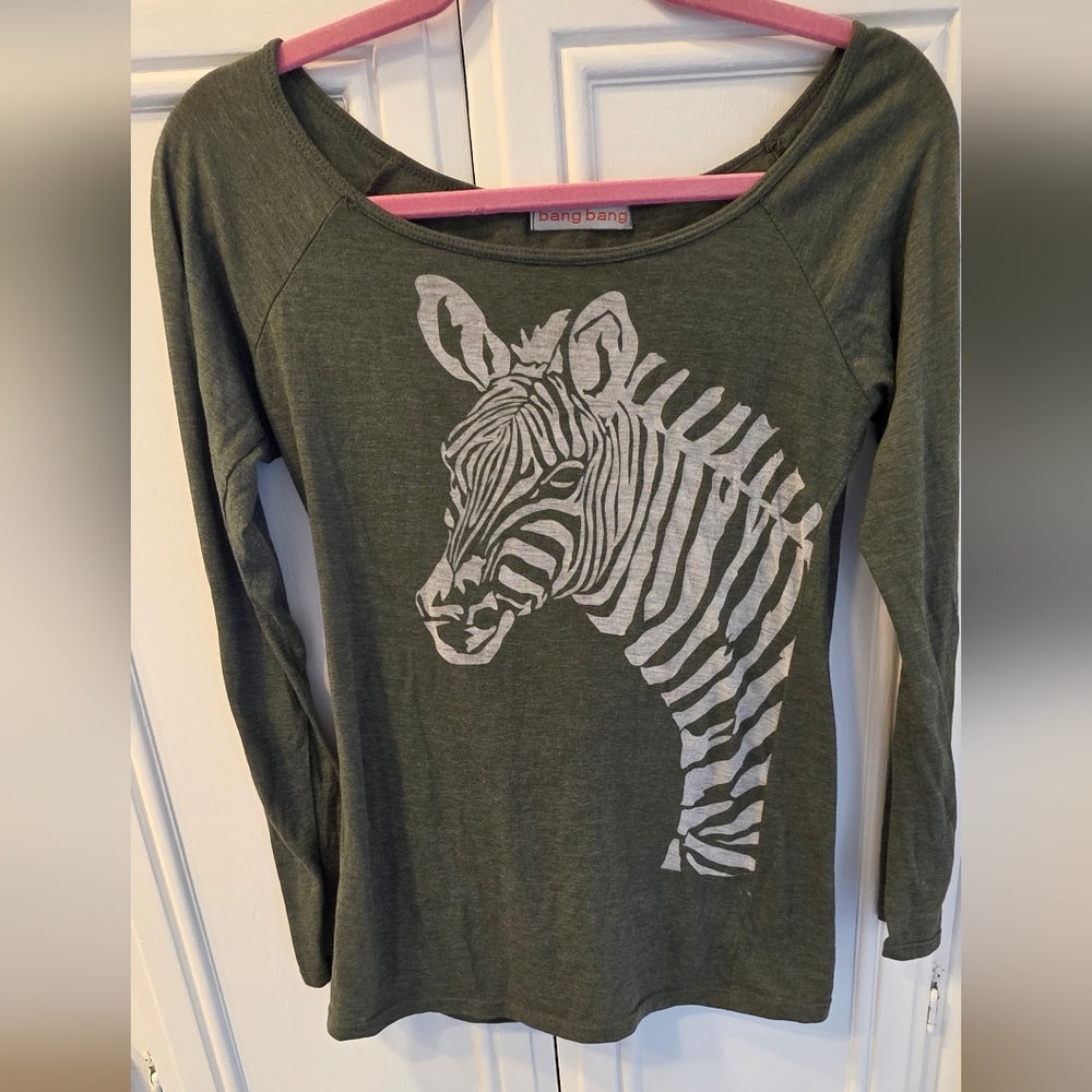 Bang Bang Olive Zebra Print Women's Long Sleeve Tee ~ Size Small